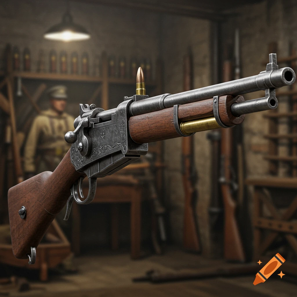 Photorealistic close-up of a vintage rifle with a bullet loaded on top, set in a blurred armory with a soldier.