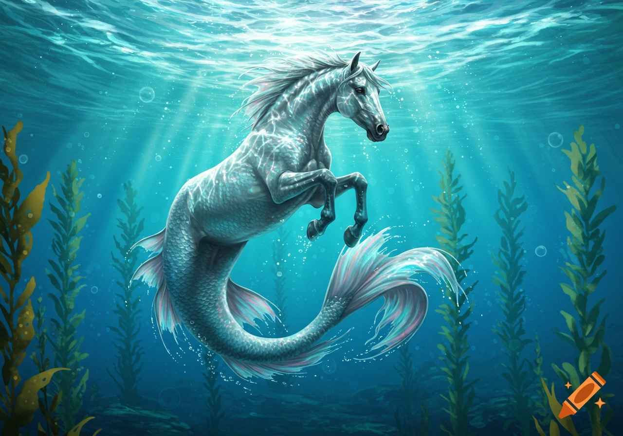 A majestic white merhorse with a shimmering tail swims gracefully underwater in a blue ocean, illuminated by sunbeams.