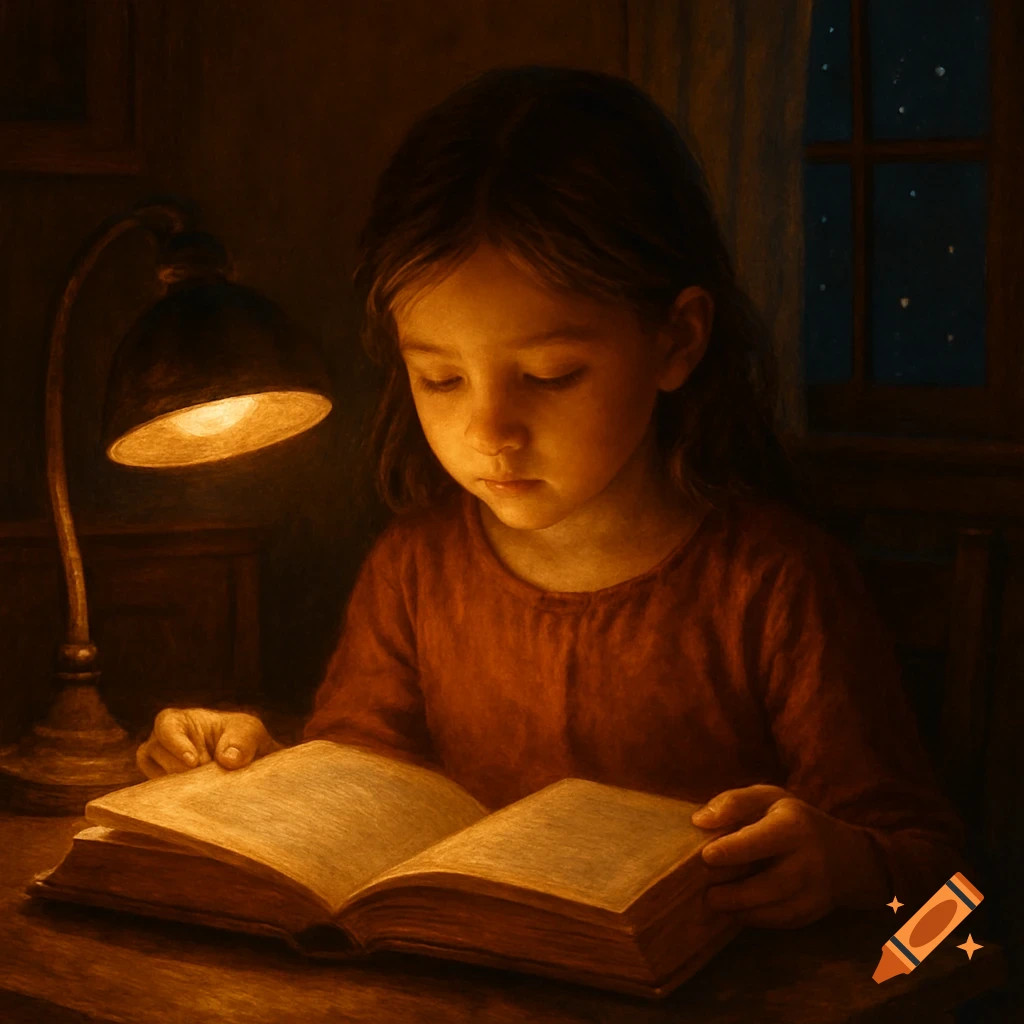 A young girl with long hair reads an open book by the warm glow of a desk lamp in a dark, atmospheric painting.