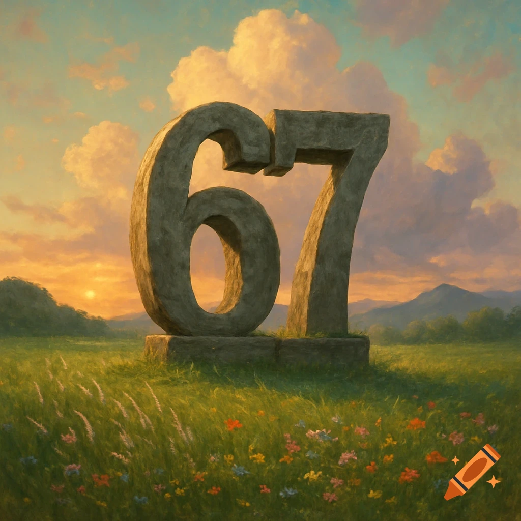 Large stone numbers 67 stand in a vibrant green meadow with wildflowers ...