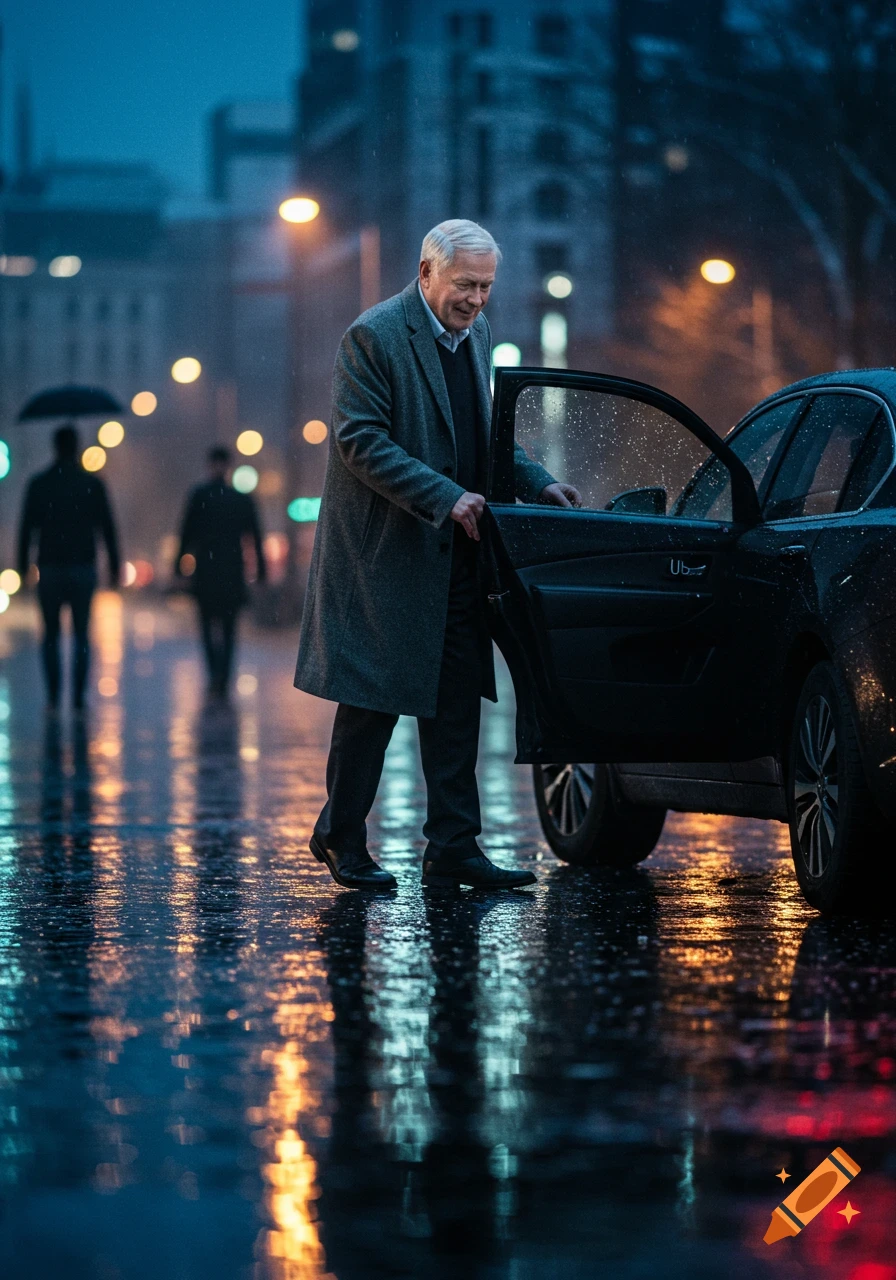 An elder man in a long coat gets into a black car on a wet city street at night, illuminated by streetlights.