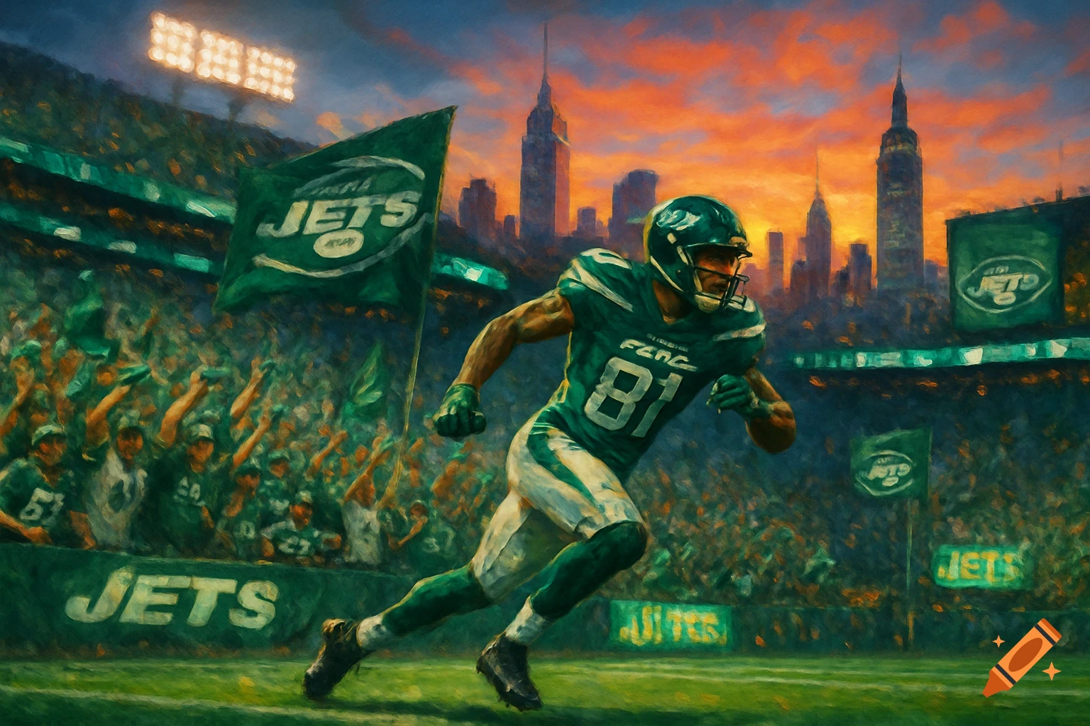 An impressionistic painting of a New York Jets football player in a green uniform with number 81 running on a field, cheered by fans in a stadium, with a cityscape and sunset sky in the background.