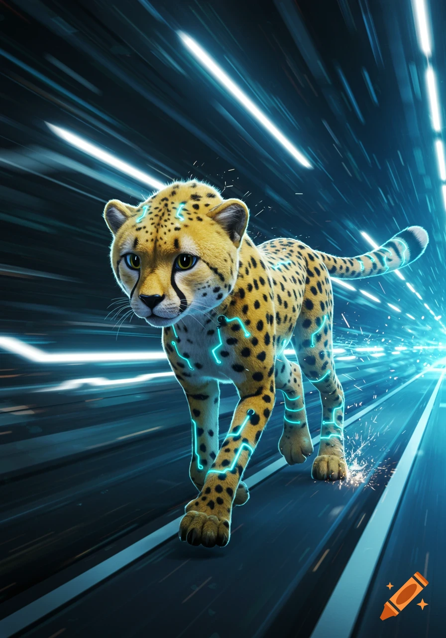 A cheetah with glowing blue lines, digitally enhanced, runs through a futuristic tunnel with speed streaks.