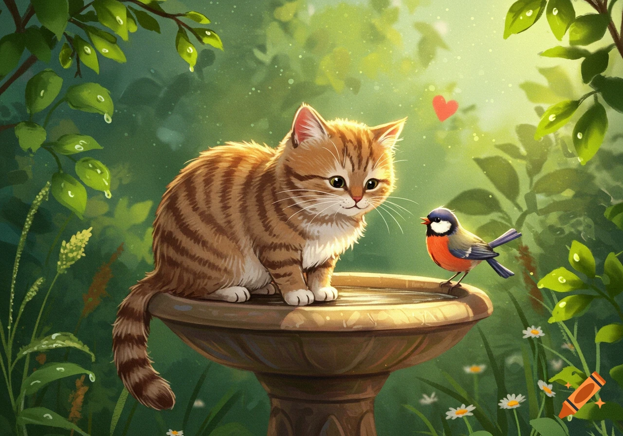 A cute tabby cat and a colorful bird sit on a bird bath in a lush, green garden, with a red heart floating above them. Stylized illustration.