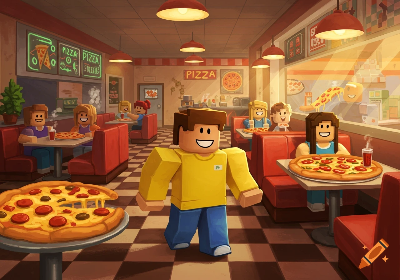 Roblox-style characters are eating pizza in a brightly lit restaurant with checkered floors and red booths.