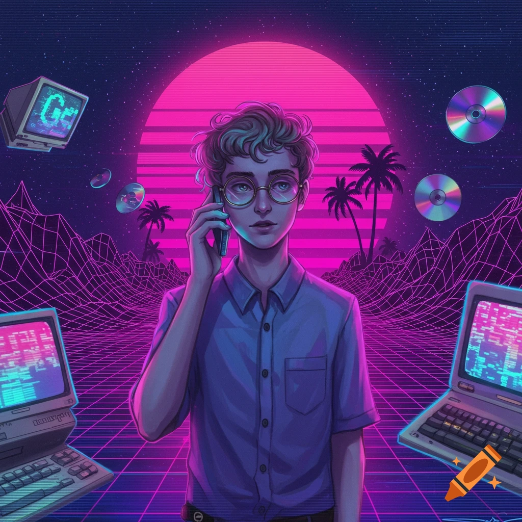 A young man with curly hair and retro glasses holds a phone to his ear, in a vibrant vaporwave landscape with a pink sun, grid mountains, palm trees, and floating computer monitors.