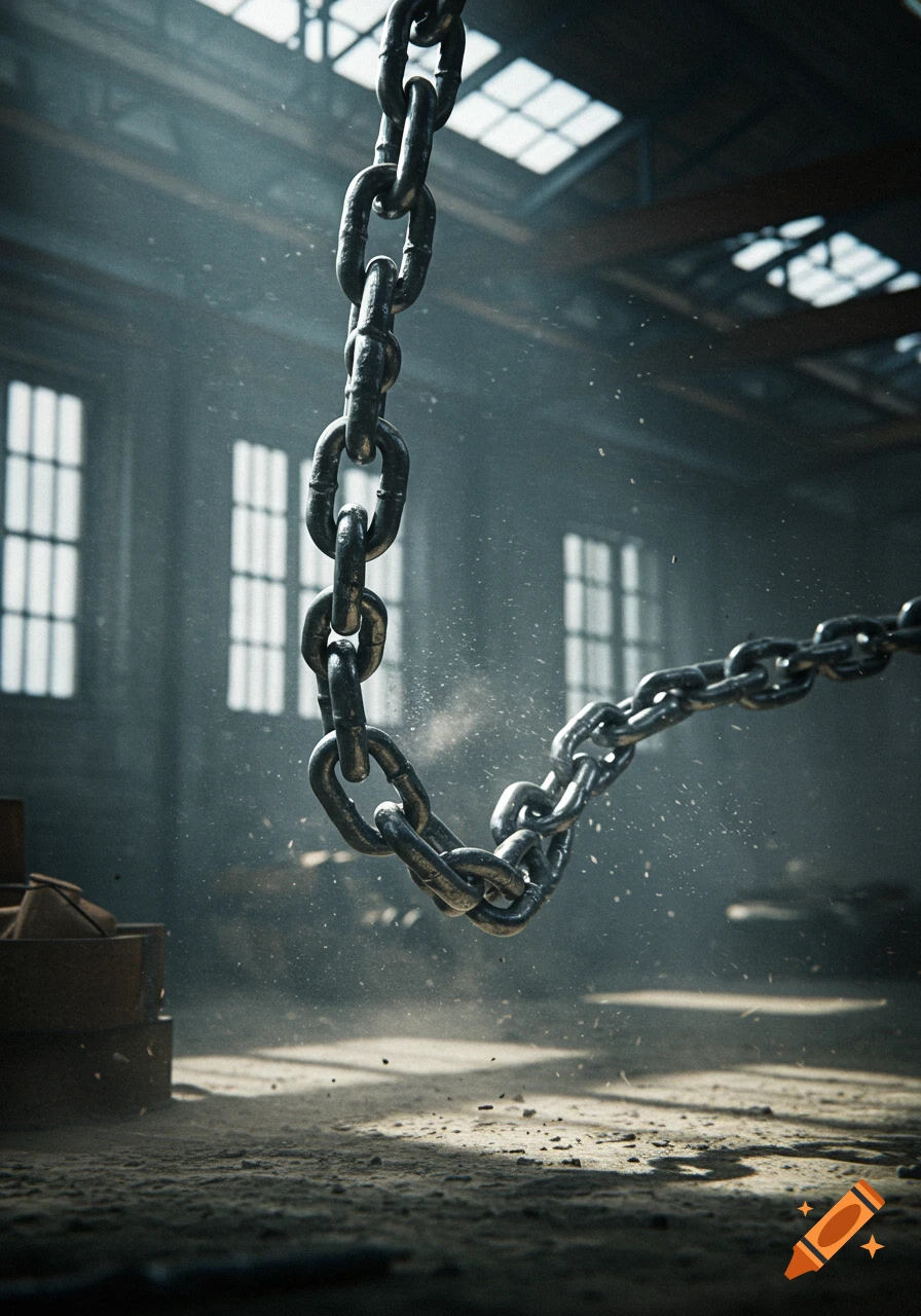 Heavy metal chains hang and curve dynamically in a dusty, dimly lit industrial warehouse with large windows, photorealistic style.