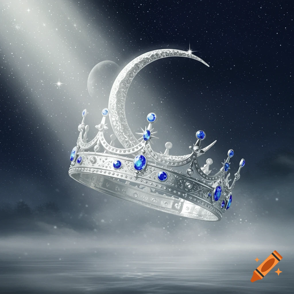 A silver crown adorned with blue jewels and a crescent moon floating in a starry night sky above a misty horizon.