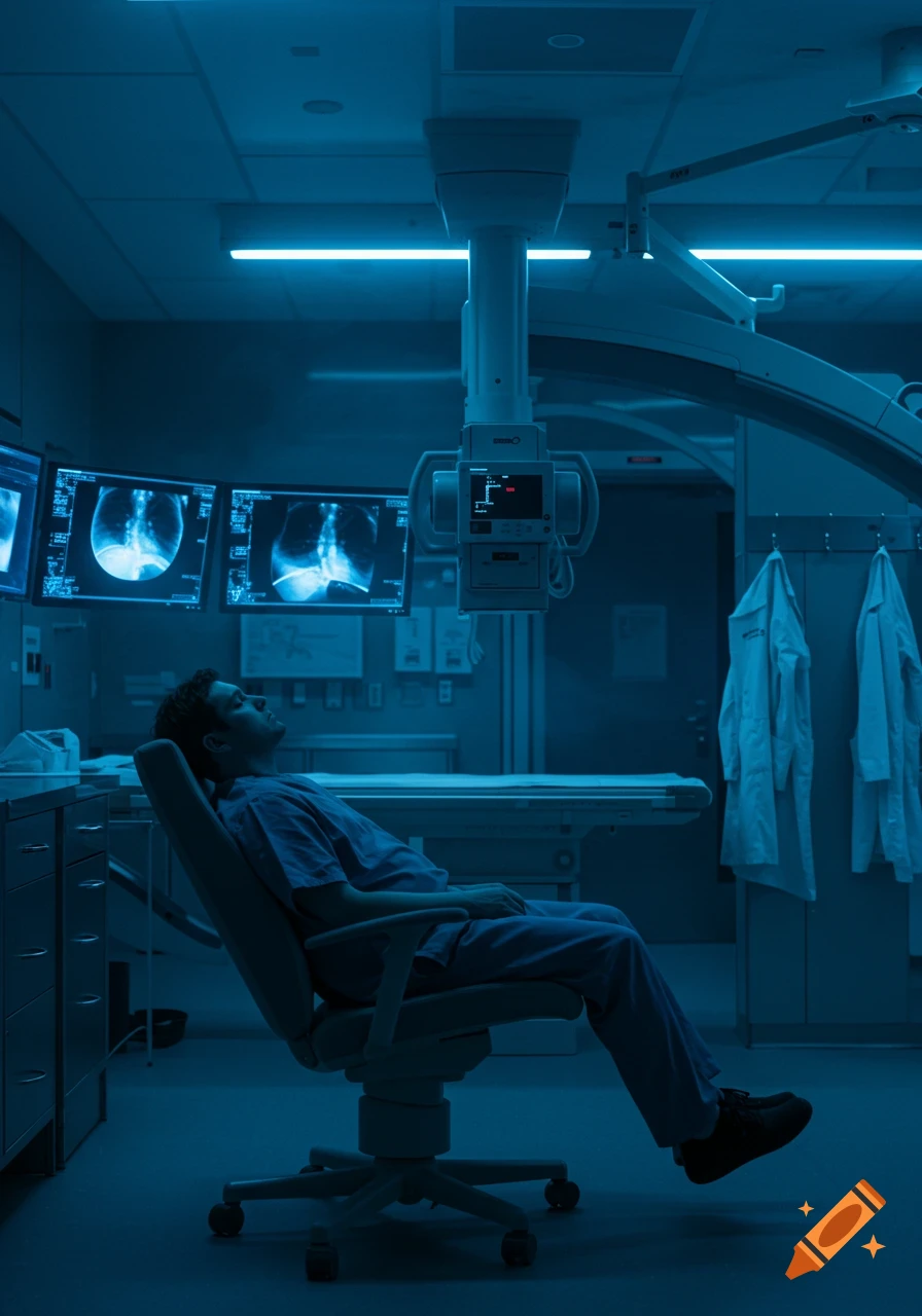 Photorealistic image of an X-ray technician sleeping in a chair in a blue-lit medical imaging room with X-ray monitors and equipment.