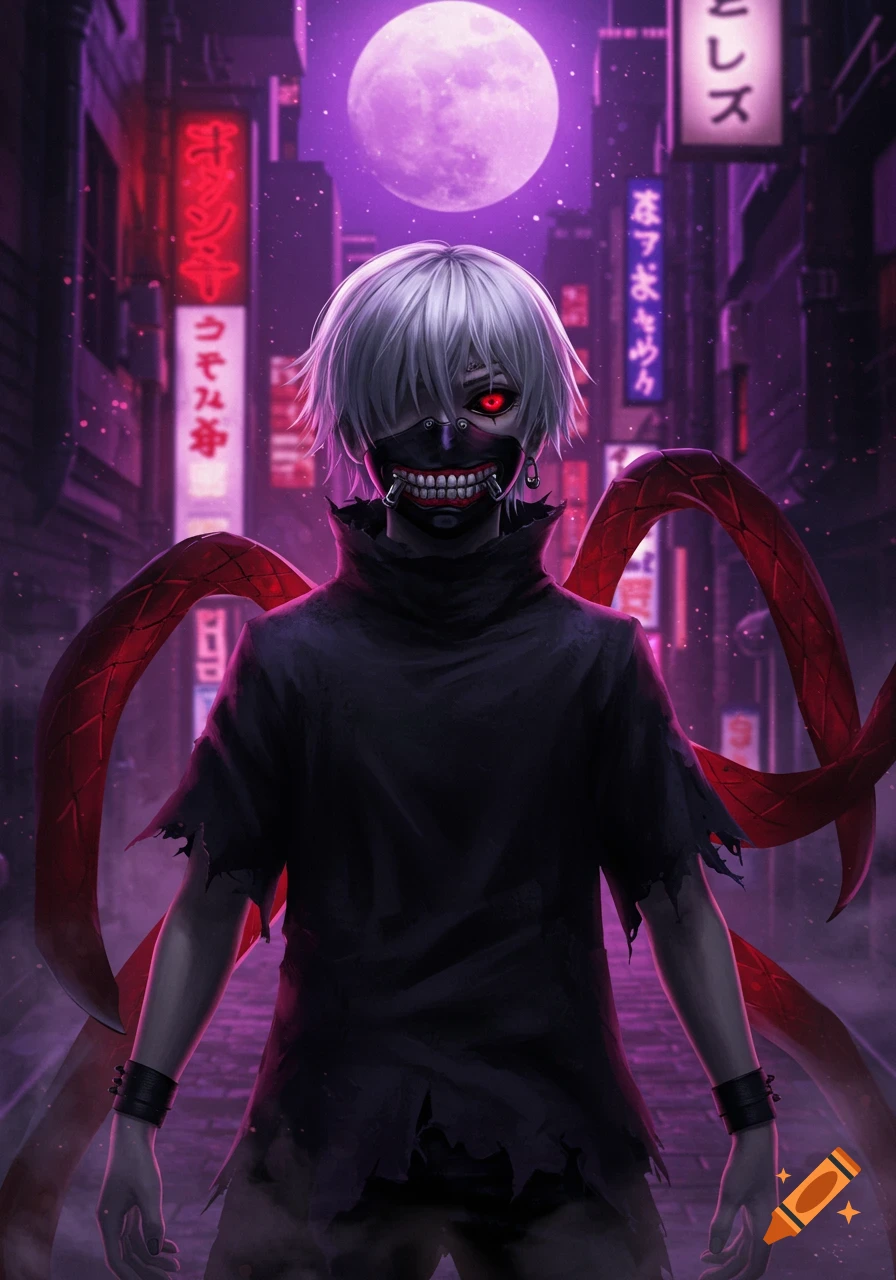 Anime character with white hair, a black mask with a red-toothed smile, and red tentacle-like appendages in a neon-lit city under a purple moon.