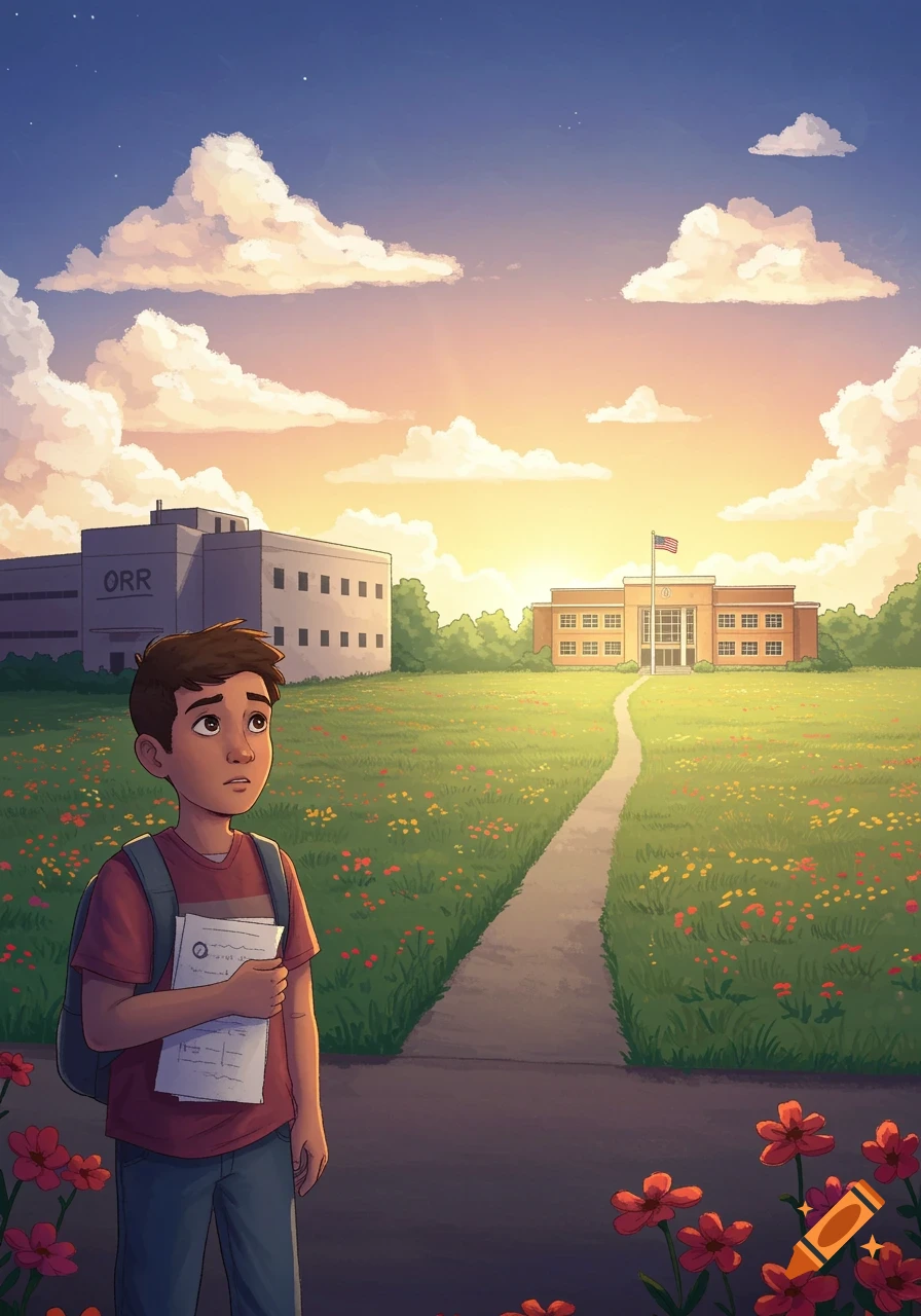 Cartoon of a boy with backpack holding papers, looking up at two school buildings across a field with a sunset sky.