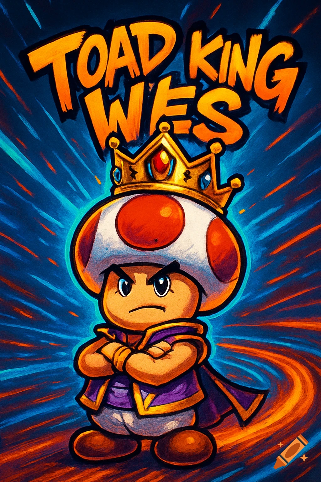 A serious-looking Toad from Super Mario, wearing a golden crown and purple cape, stands with crossed arms. Bold text reads 'TOAD KING WES'.