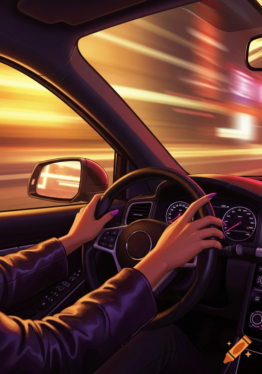 Illustrative image from inside a car with a person's hands with purple nails holding the steering wheel, driving at night with motion blur outside the window.