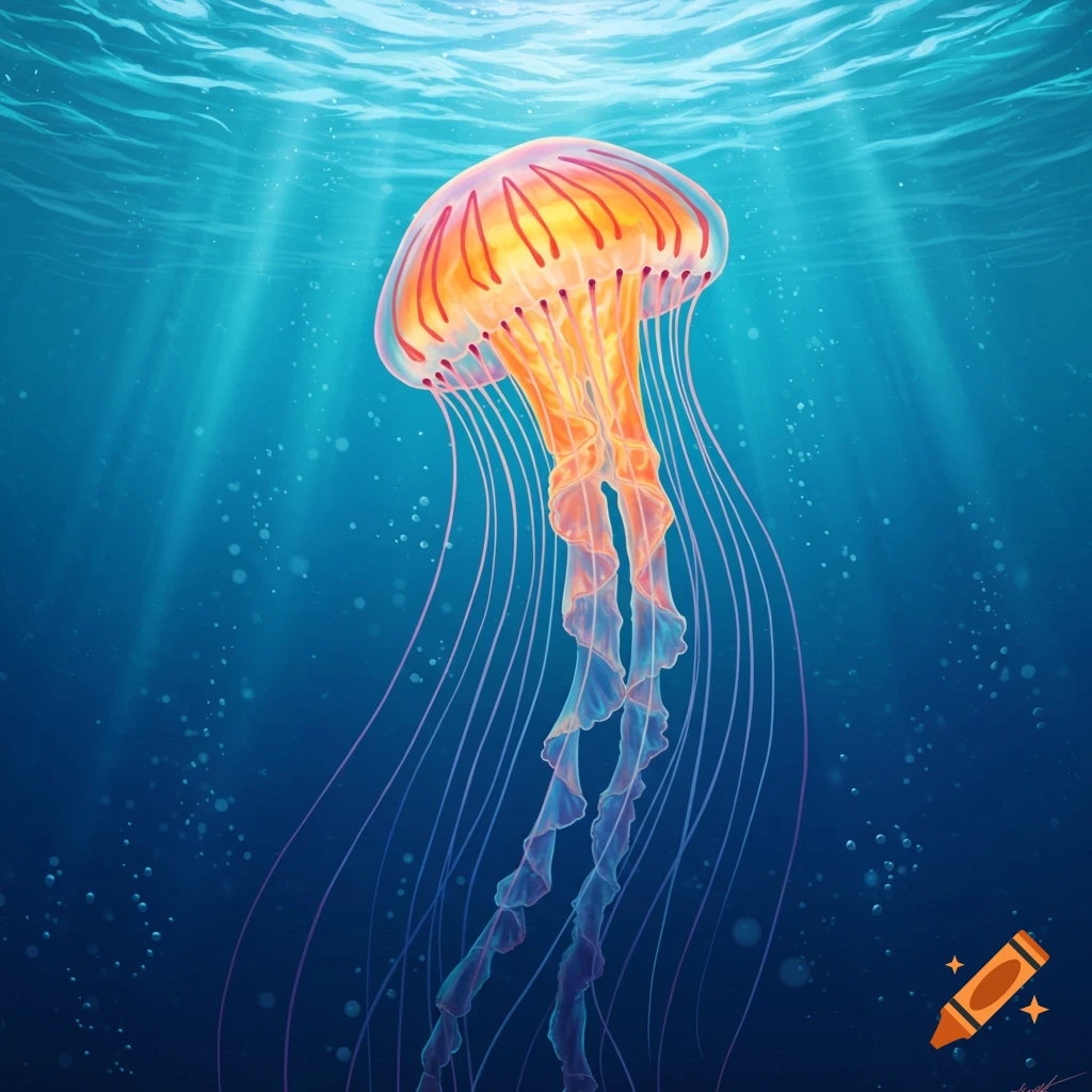 Vibrant, illuminated jellyfish with long tentacles swims in clear blue water with sun rays.