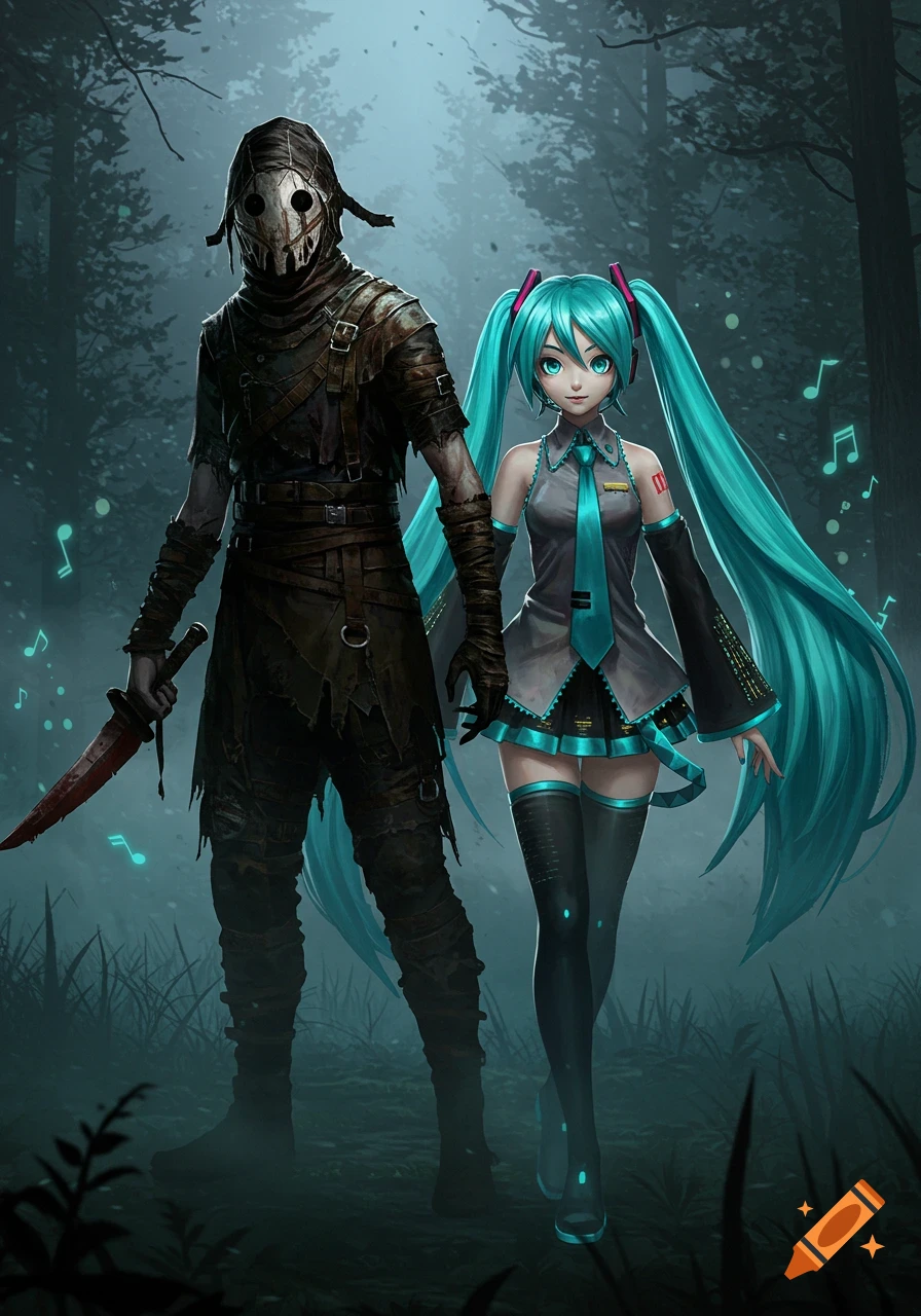 Hatsune Miku and a masked horror character with a bloody knife stand in a dark, misty forest.