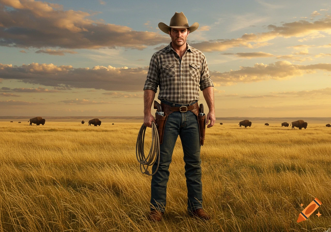 A photorealistic image of a cowboy holding a lasso in a golden field with bison under a cloudy sunset sky.