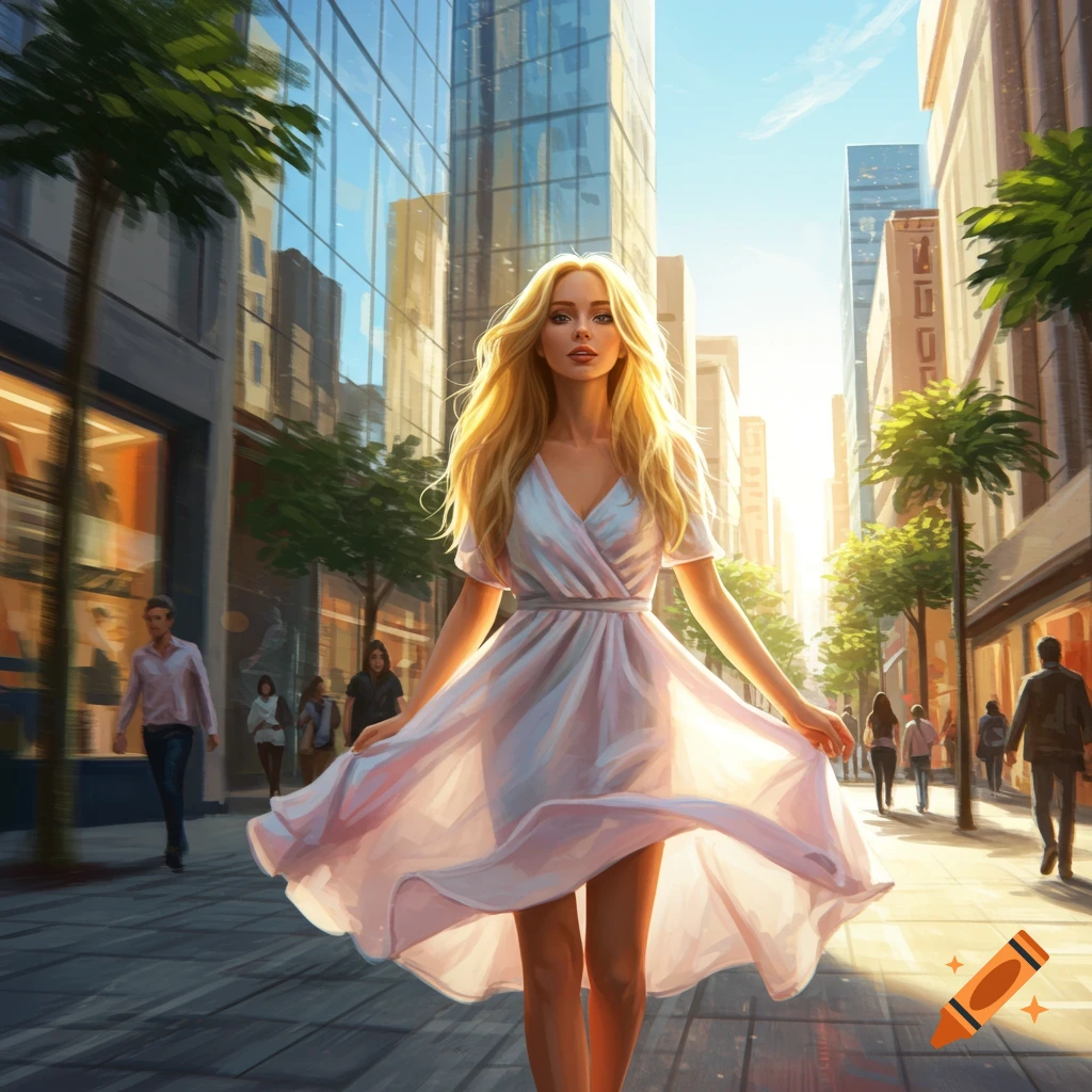 Blonde woman in a flowy pink dress walks on a sunny city street with tall glass buildings and trees.