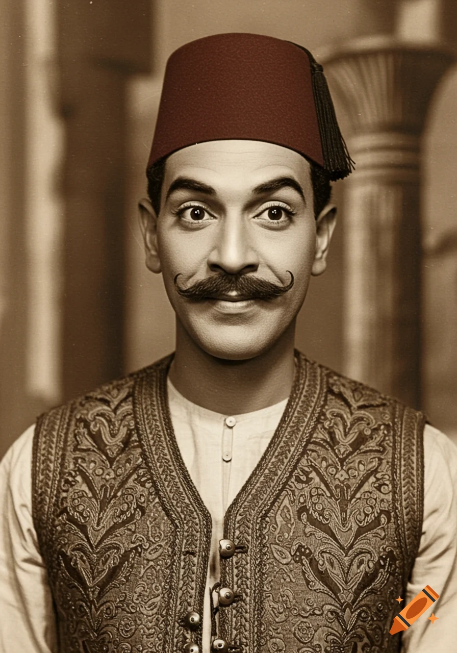 Sepia-toned bust portrait of a smiling man with a large mustache and a red fez, wearing an embroidered vest.