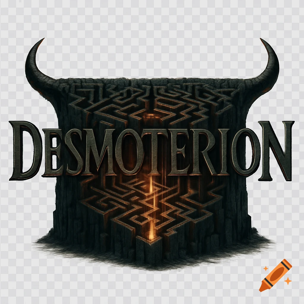 Dark wordart 'DESMOTERION' in ancient style, part of a basalt maze with orange glow and bull horns.