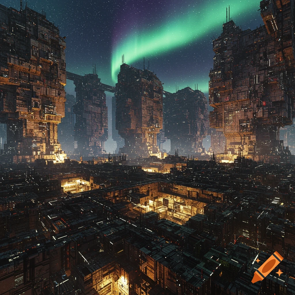 A vast, futuristic cityscape with towering greebled buildings under a star-filled sky with a vibrant green aurora.