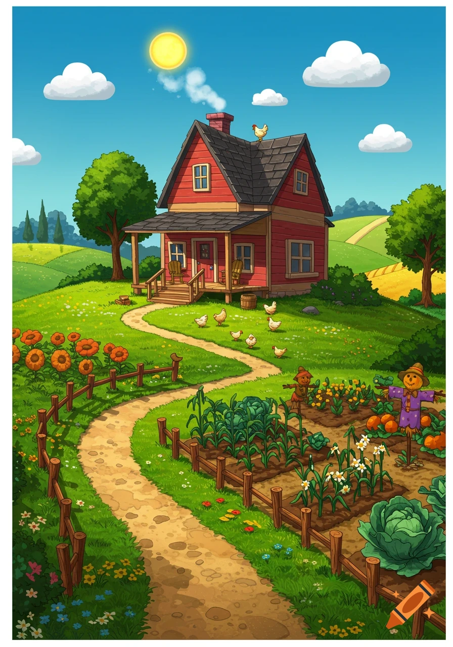 Vibrant cartoon illustration of a red farmhouse on a green hill with a path, a garden, chickens, and scarecrows under a bright sun.