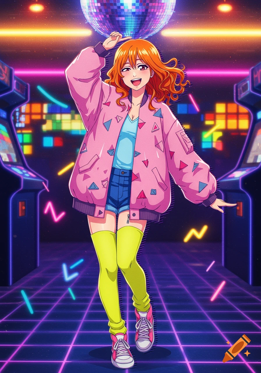 Anime girl with orange hair in a pink bomber jacket, blue shorts, and neon green socks, smiling under a disco ball in a retro arcade.