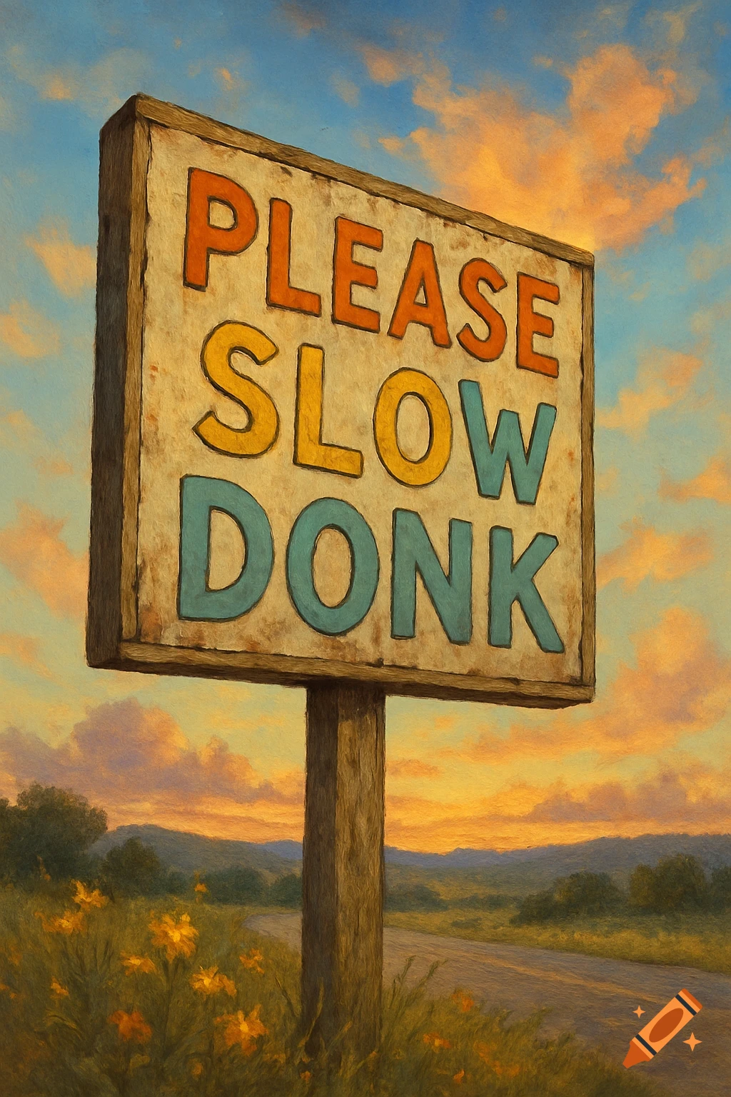 A painterly image of a rustic roadside sign reading 'PLEASE SLOW DONK' at sunset over a rural landscape.