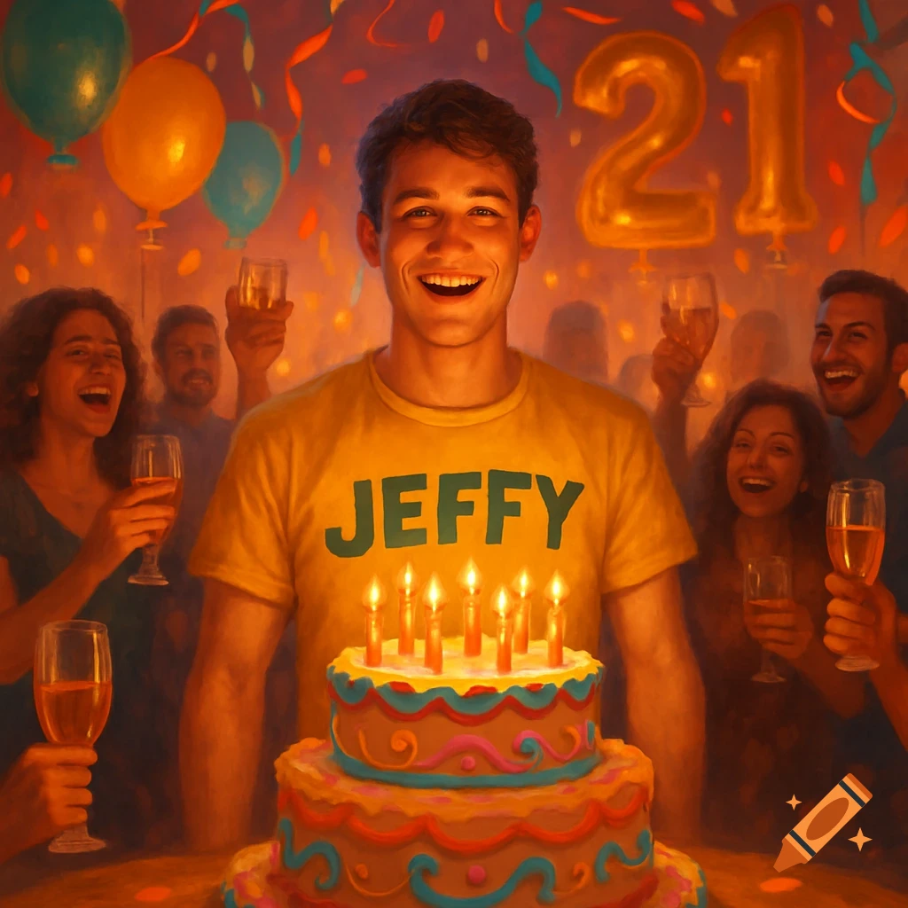 A young man named Jeffy smiles in front of a birthday cake with candles, celebrating his 21st birthday with friends and balloons.