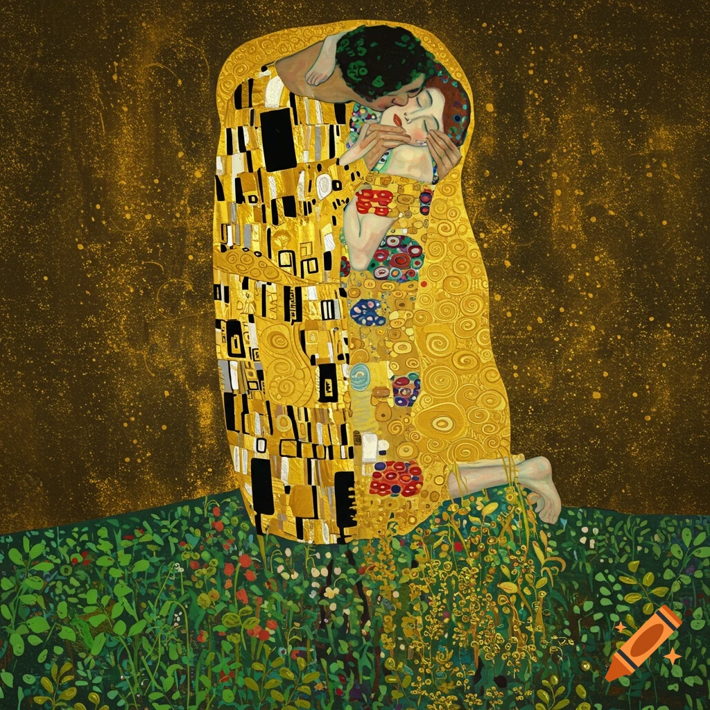 A man and woman in golden, patterned robes embrace and kiss in a field, rendered in the iconic style of Gustav Klimt.