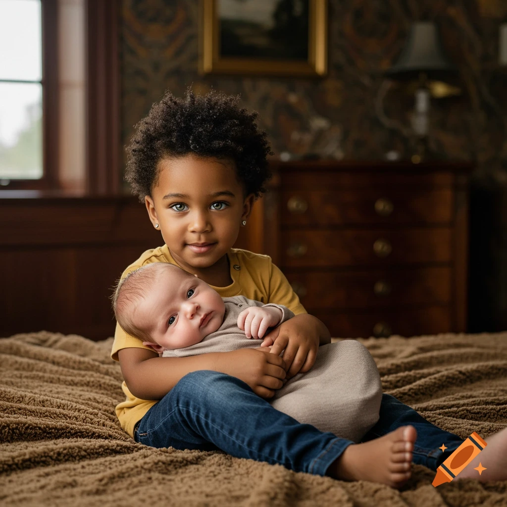 A boy with green eyes and an Afro buzzcut holds a baby on a brown blanket in a bedroom.