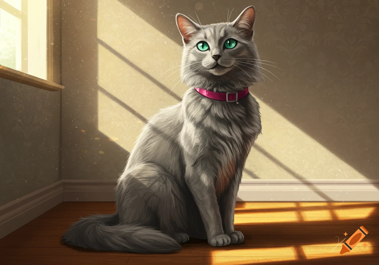 A fluffy gray cat with vibrant green eyes and a pink collar sits on a sunlit wooden floor in a room, digital art.