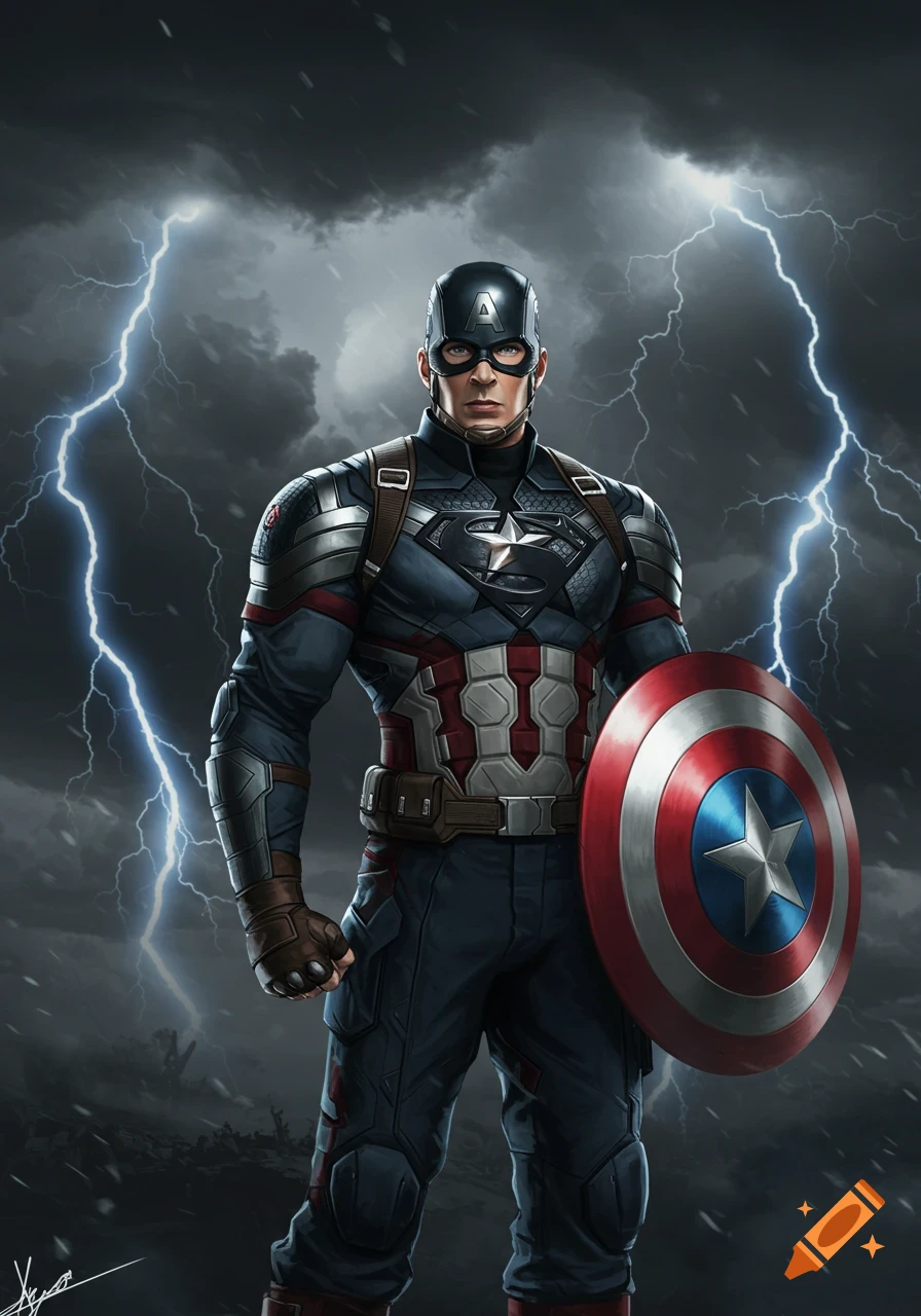 Captain America in battle armor stands against a stormy sky with lightning, holding his shield.