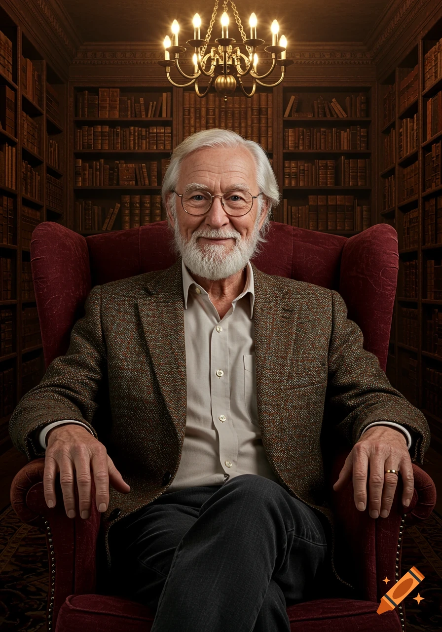 Smiling elderly man with a white beard and glasses, wearing a tweed jacket, sitting in a red armchair in a library.