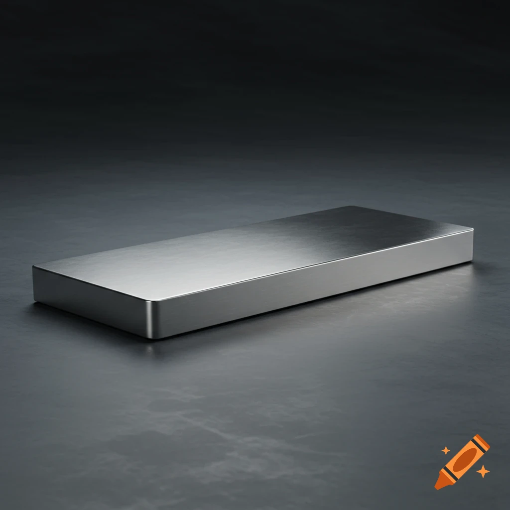 A silver metallic rectangular bar with rounded edges rests on a dark, textured surface.