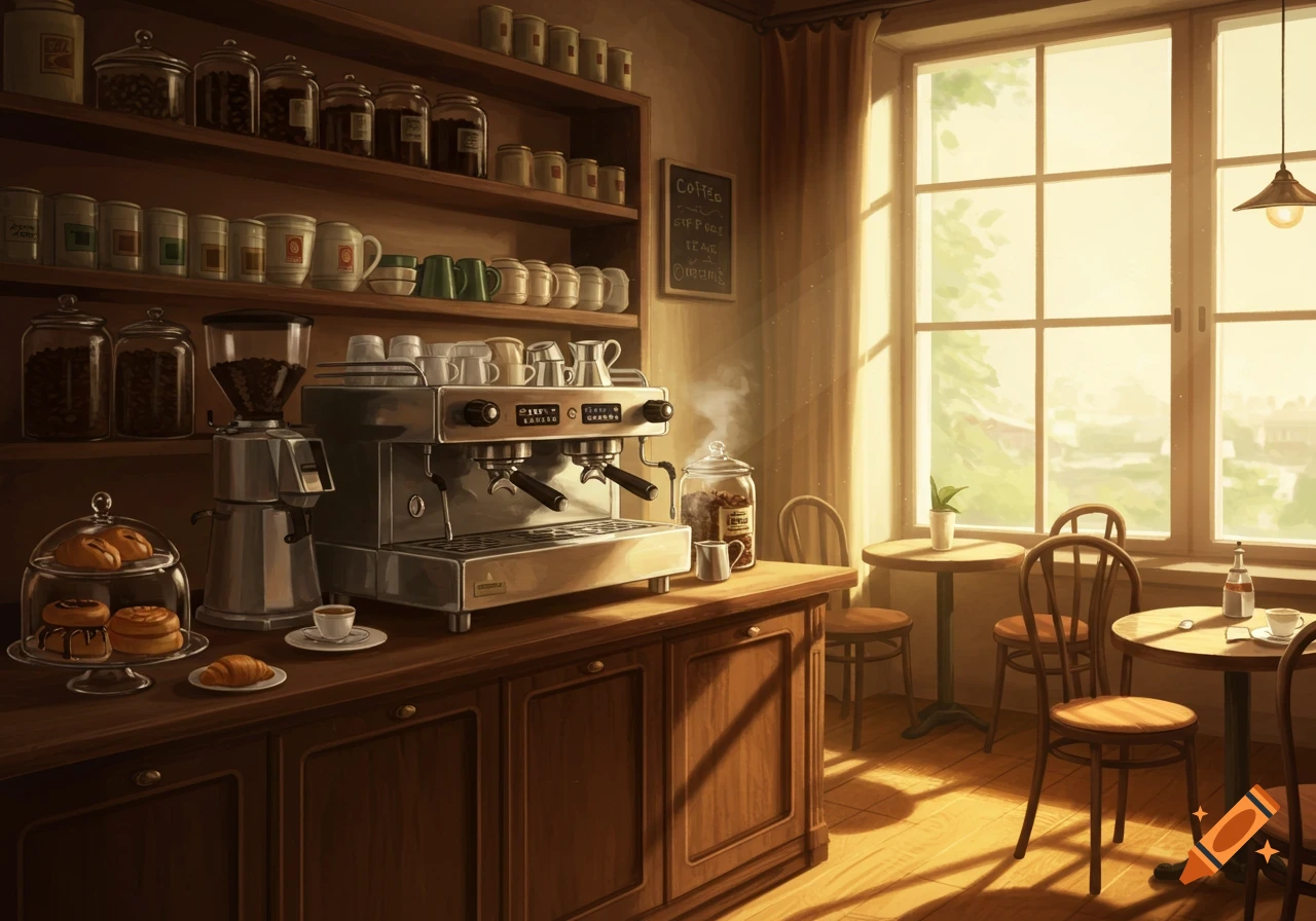 A warm, sunlit coffee shop interior with an espresso machine, coffee grinder, shelves of jars and mugs, pastries on the counter, and small tables with chairs by a large window.