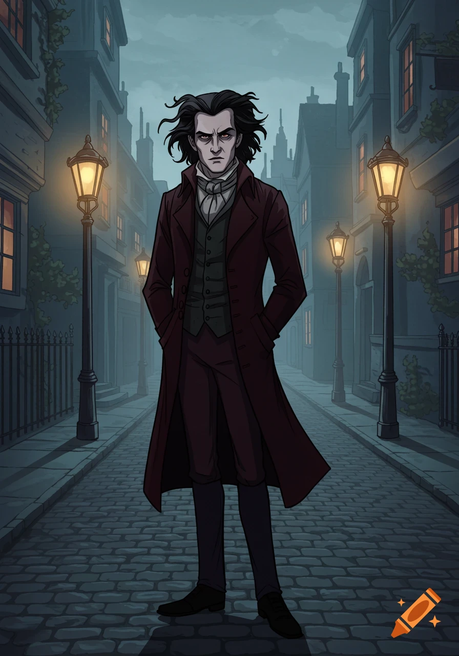 Stylized illustration of Sweeney Todd in a long maroon coat on a cobblestone street at night, with gas lamps and old buildings.