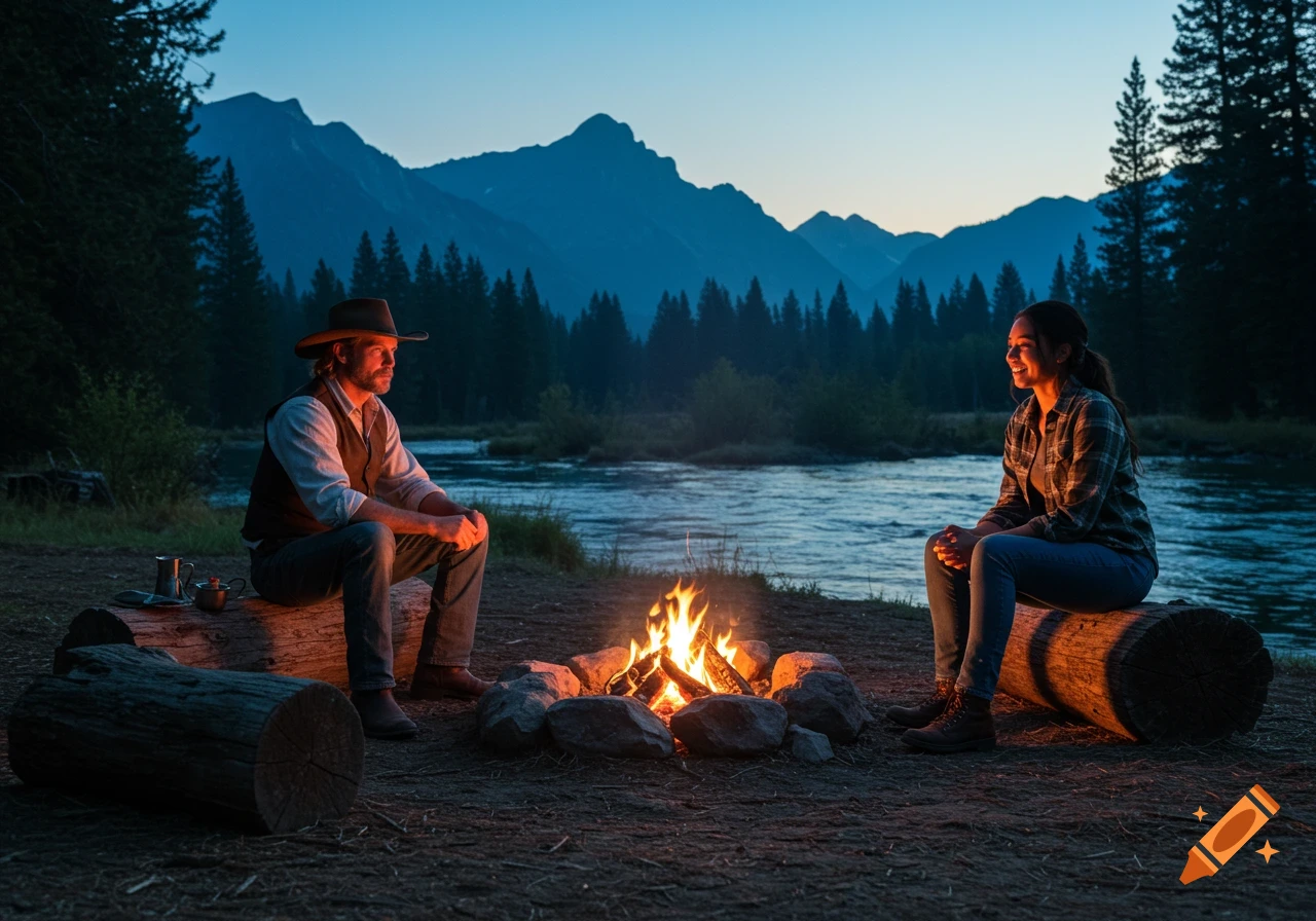 A man and a woman sit by a campfire next to a river with mountains and trees in the background at dusk. Photorealistic.