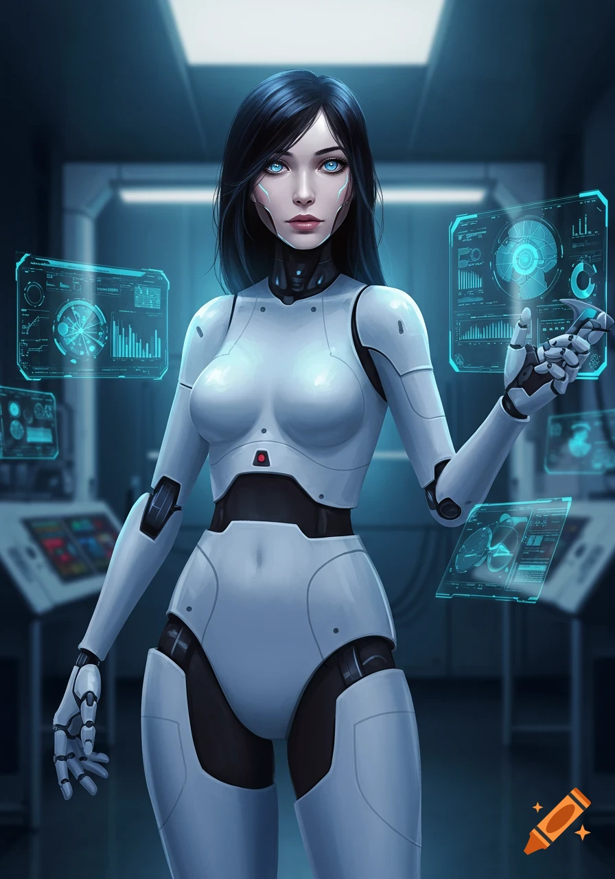 A futuristic female cyborg with dark hair and blue eyes interacts with holographic screens in a sci-fi lab.