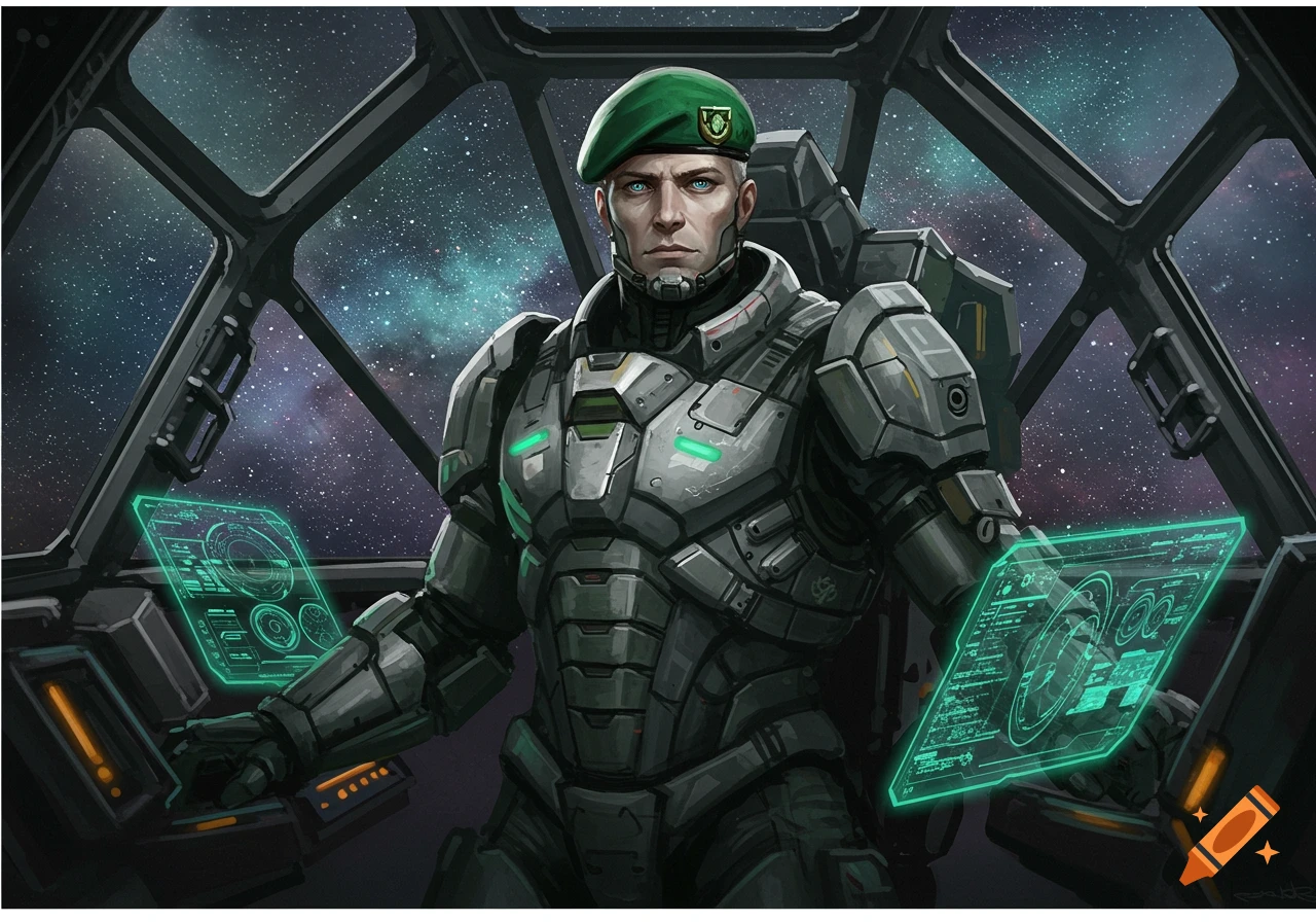A painting of a male mechwarrior pilot in futuristic armor and a green beret in a spaceship cockpit with holographic displays.