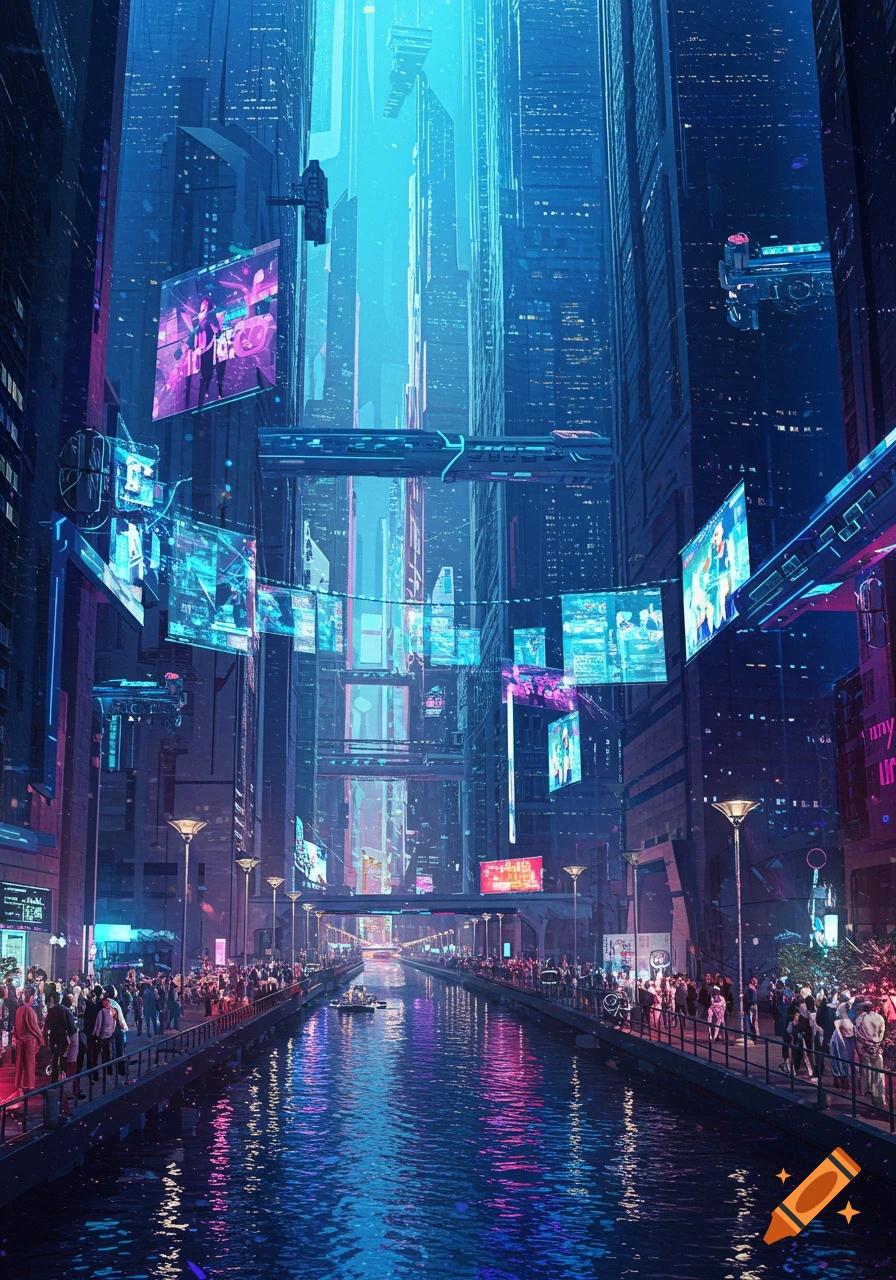 A vibrant, neon-lit cyberpunk city at night with towering skyscrapers, a reflective river, and crowds of people on the embankments.
