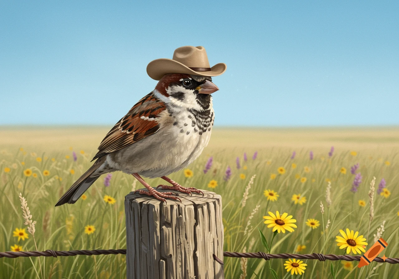 A sparrow in a cowboy hat perches on a fence post in a sunny field of wildflowers.