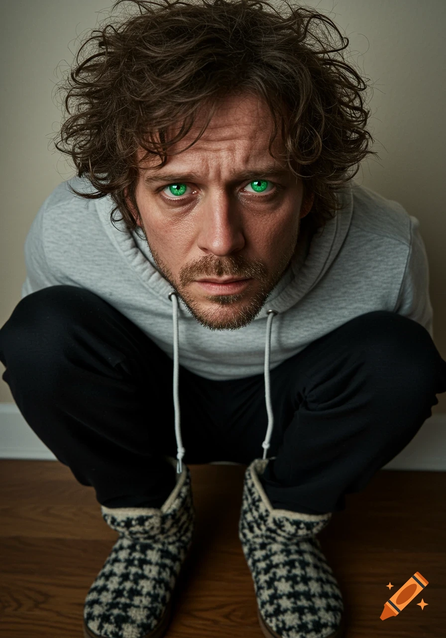 A man with curly brown hair, a beard, and glowing green eyes squats, wearing a grey hoodie, black sweatpants, and patterned woolen boots, looking at the camera.