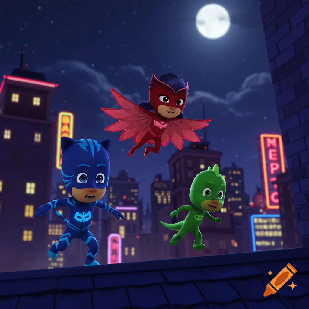 Catboy, Owlette, and Gekko from PJ Masks on a rooftop at night with a full moon and city lights in an animated style.
