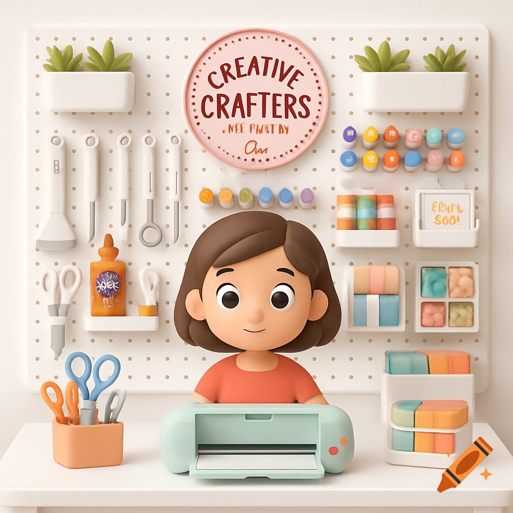 A cute 3D cartoon girl with brown hair sits at a white craft table with a cutting machine, against a white pegboard filled with colorful crafting tools and supplies.