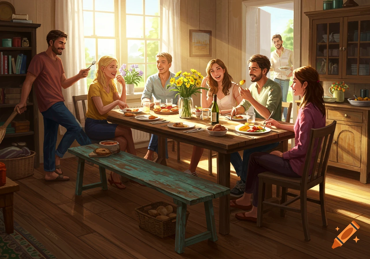 A group of friends enjoys a sunny meal around a wooden dining table in a cozy home, laughing and conversing.