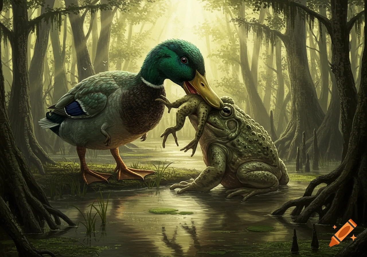 A large mallard duck with a green head holds a giant green frog in its beak in a misty, tree-filled swamp.