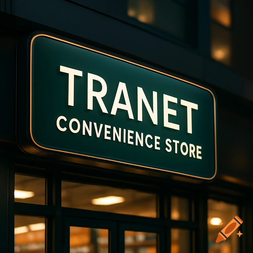Photorealistic image of a glowing rectangular 'TRANET CONVENIENCE STORE' sign above a building's entrance at dusk.