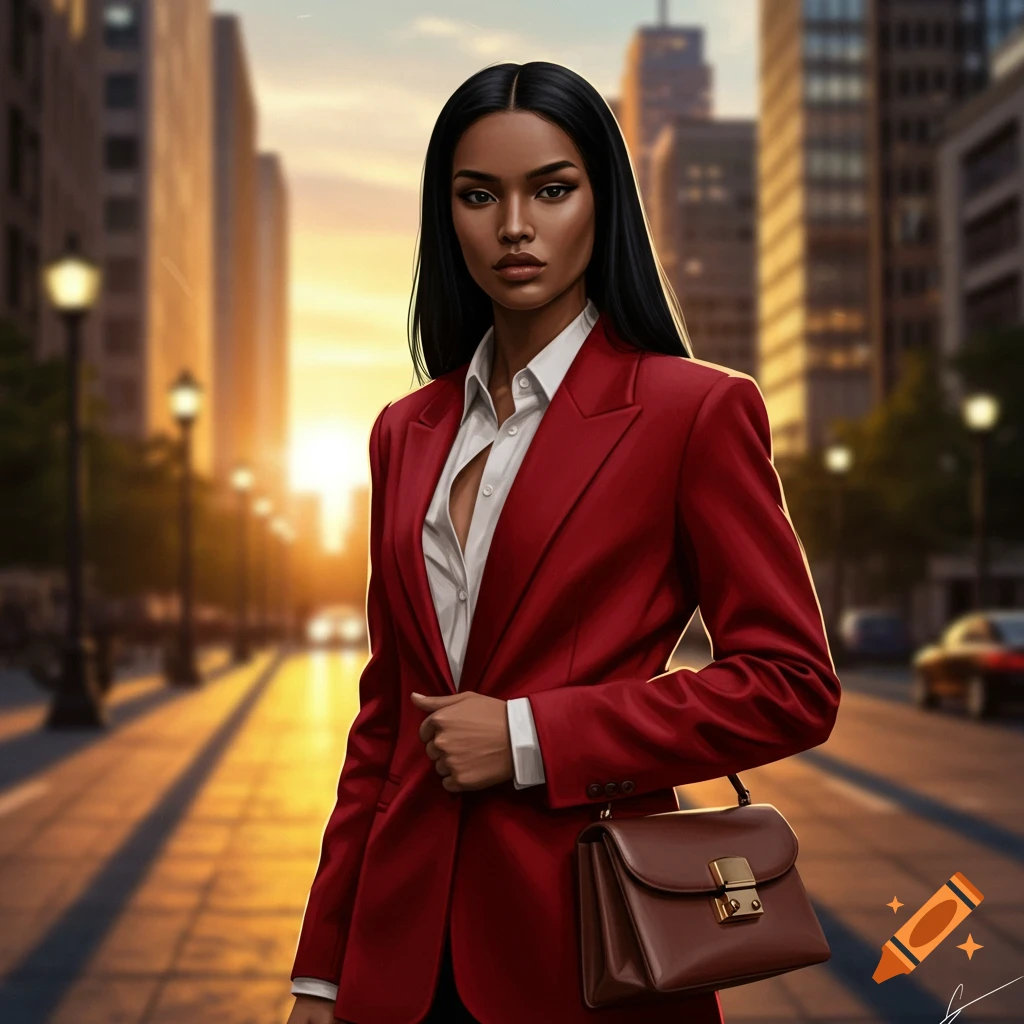 Photorealistic portrait of a woman in a red blazer and white shirt, holding a handbag, on a city street at sunset.