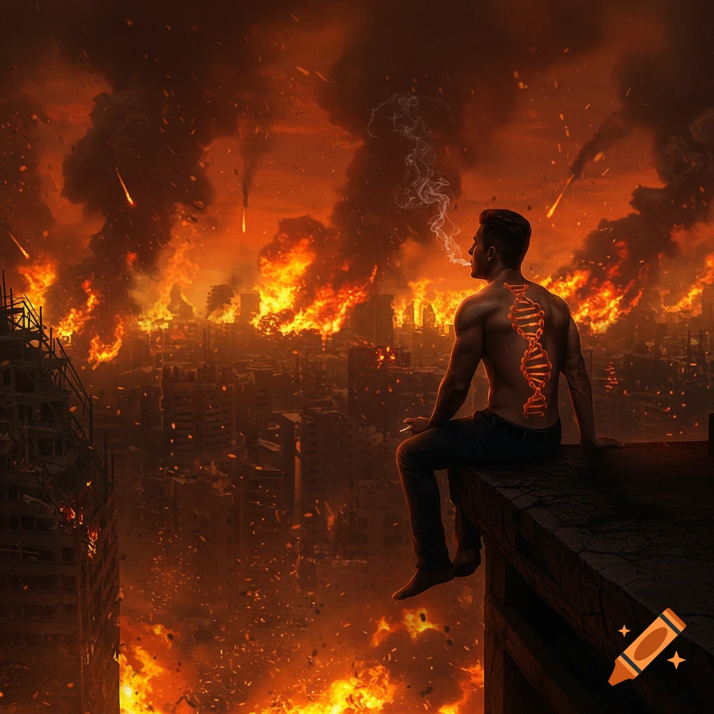 Man with glowing DNA tattoo on back sits on a skyscraper ledge, smoking, overlooking a burning dystopian city.