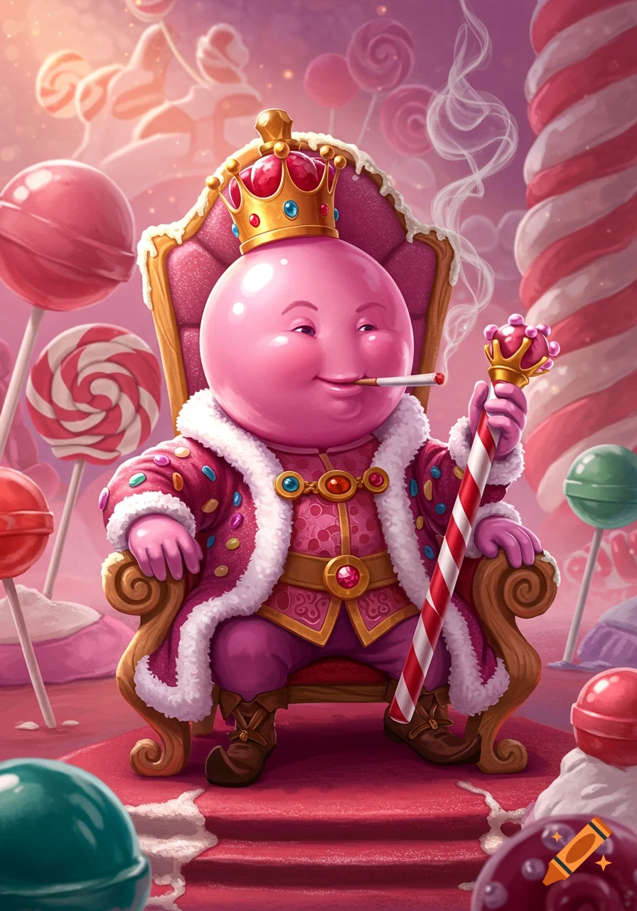 A pink, round gumball king wearing a crown and fur-trimmed robe sits on a throne, smoking a cigarette and holding a candy cane in a candy land setting.